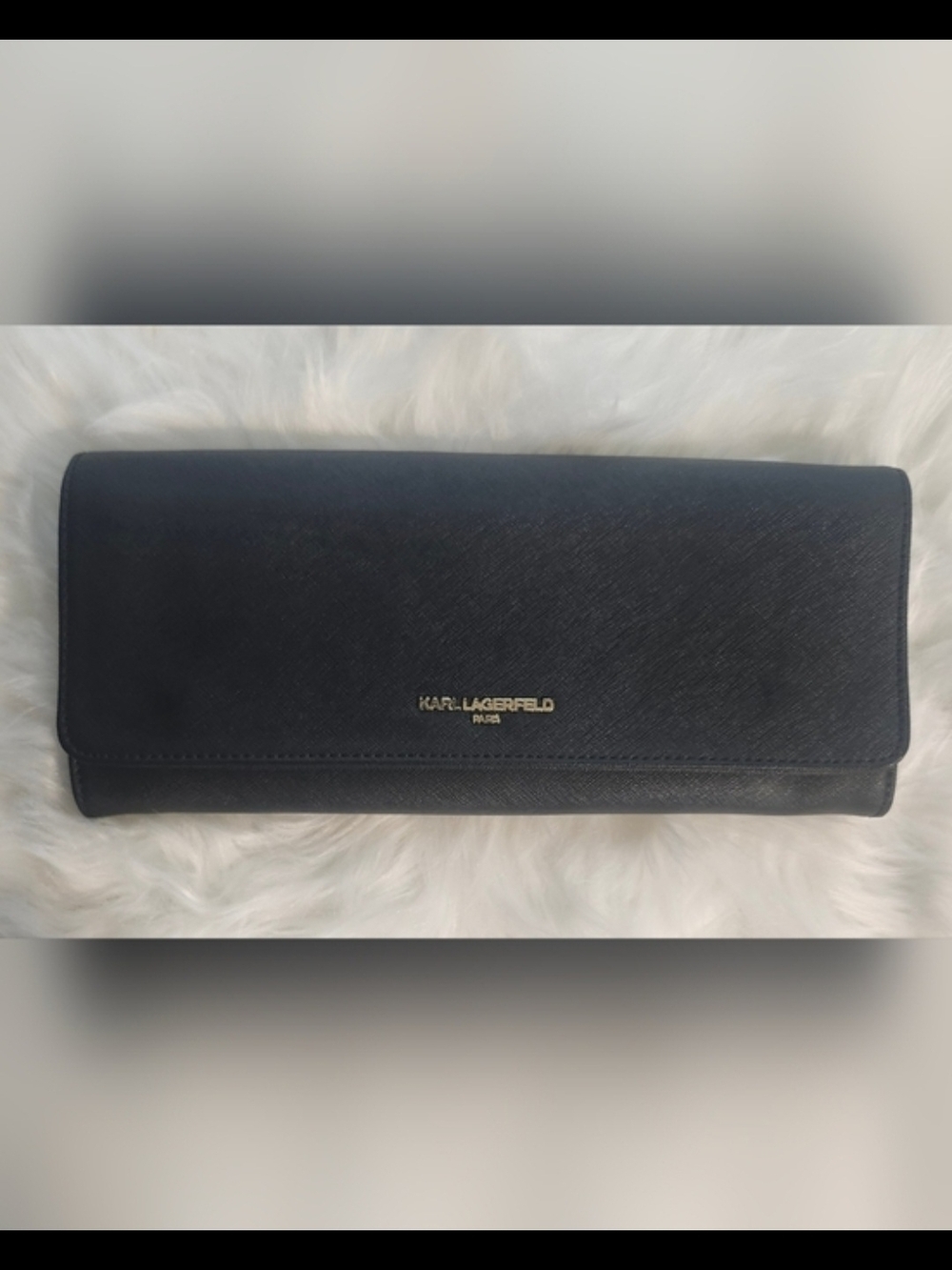 Karl Lagerfeld Black Saffiano Foldover Clutch with Gold Logo